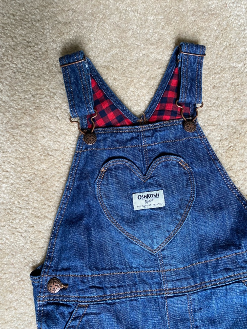 OshKosh B'gosh Blue Denim Heart Pocket Overalls with Red Plaid Lining